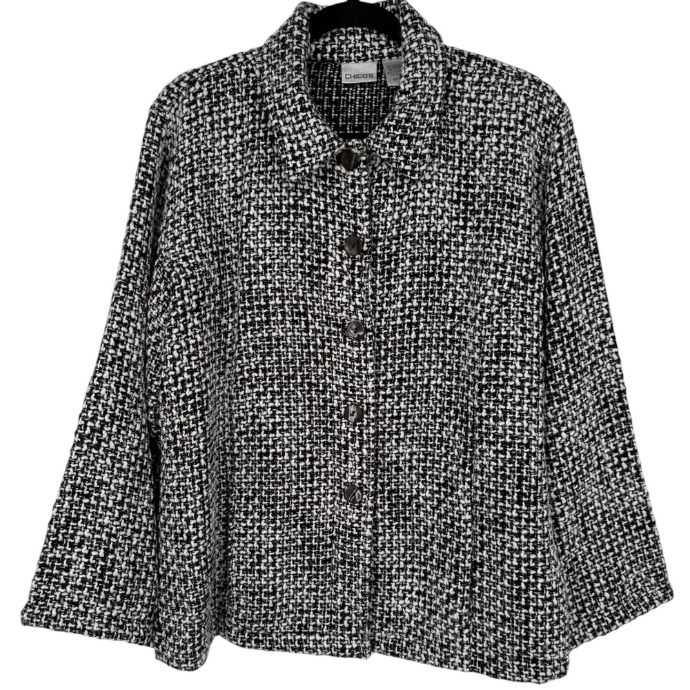 Chico's Women's Black White Tweed Button Front Blazer Jacket Size XL Old Money